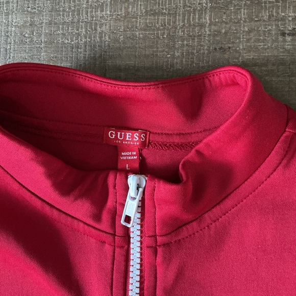 Guess Bold Red Zip-Up Track Jacket White Striped Sleeves - Picture 2 of 5